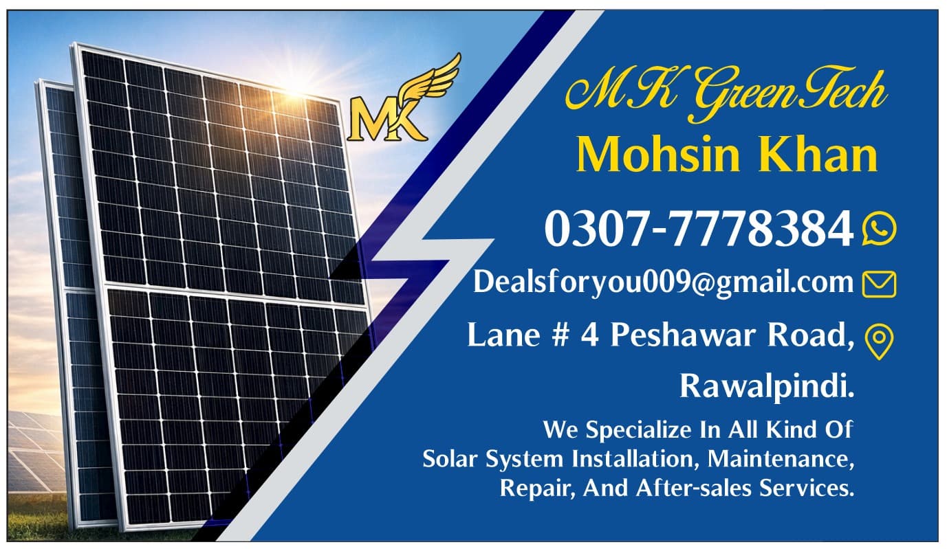 MK GreenTech business card with Mohsin Khan contact information